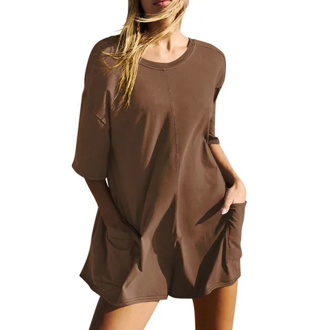 Women's Loose Short sleeved Shorts Jumpsuit Summer Casual Backless Beach Overall Pants With Pockets Coffee - Shop at LoveMi