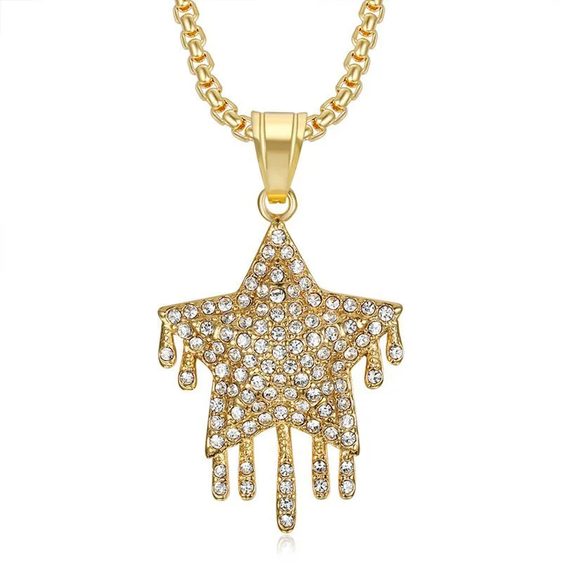 Hip Hop Stainless Steel Dropper Full Diamond Five pointed Star Pendant Gold Single Pendant - Shop at LoveMi