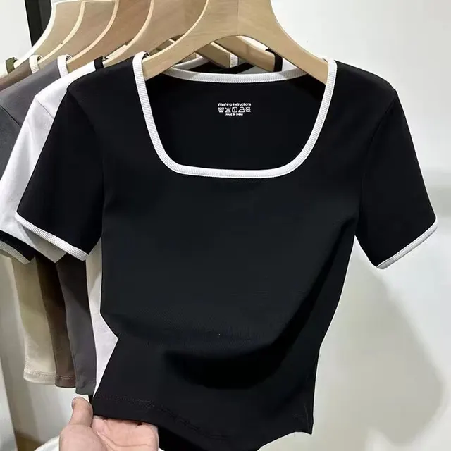 Girl's Short Top Shoulder Bottoming Shirt Black White Collar - Shop at LoveMi