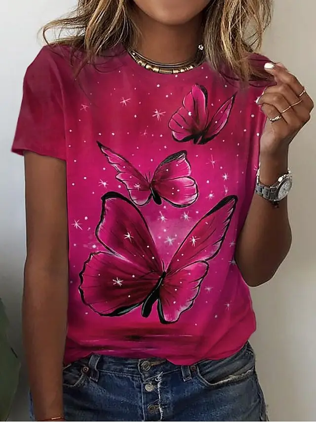 Short sleeved Round Neck Loose fitting Casual T shirt Butterfly Print Swq002 - Shop at LoveMi