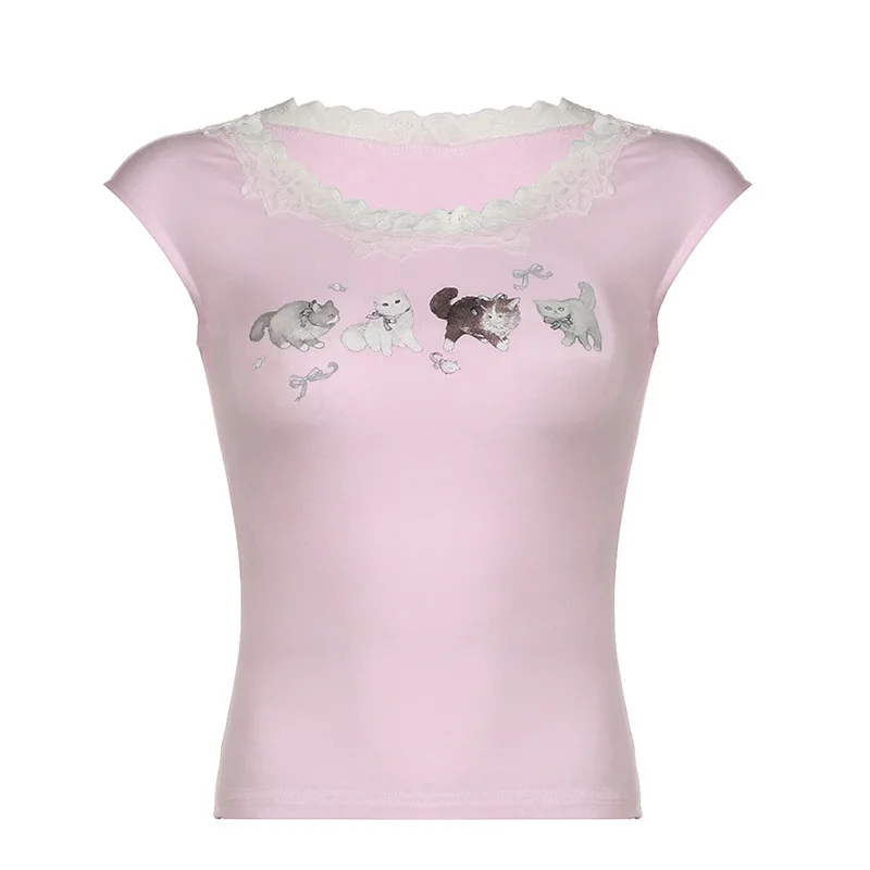 Lace Stitching Cute Cat Printed Sweet Girl Tank top Tan - Shop at LoveMi