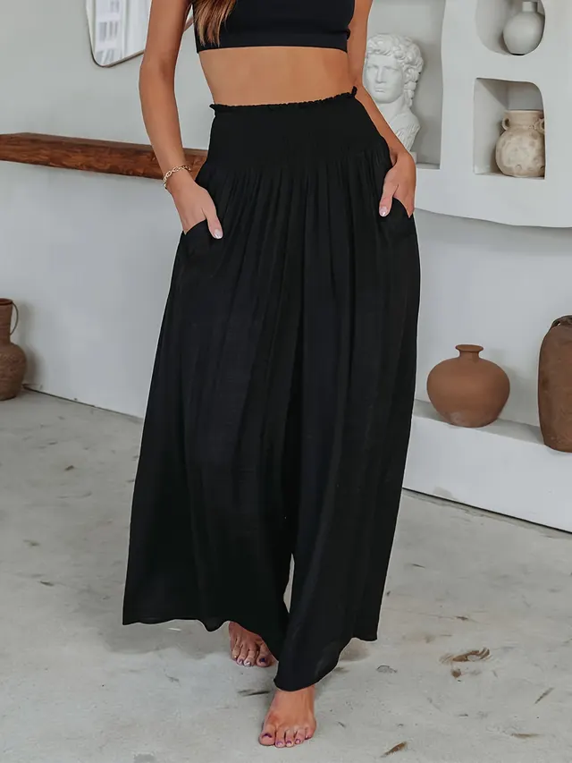European And American Summer Fashion Casual Smocking Mid waist Women's Trousers Black - Shop at LoveMi