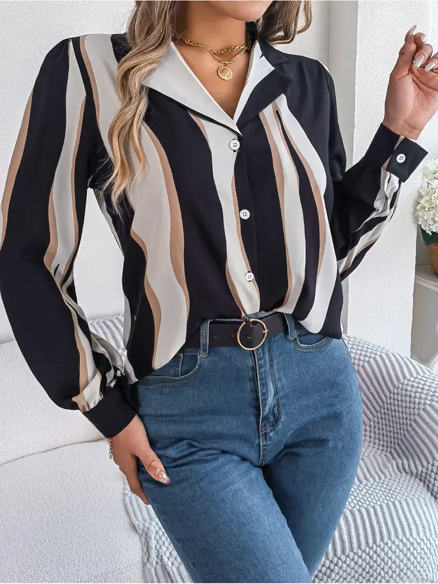Casual Versatile Contrasting Striped Long Sleeved Shirt Black - Shop at LoveMi