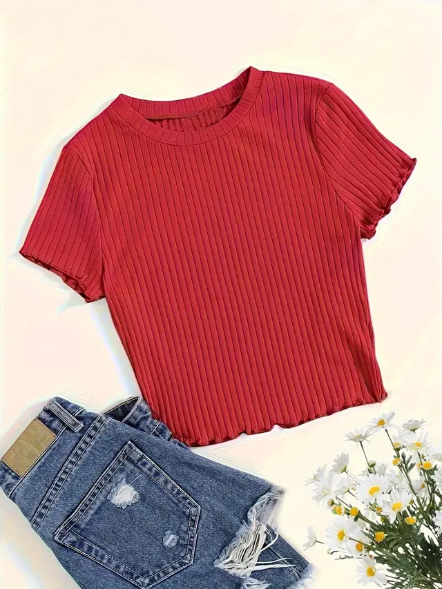 Korean Style Round Neck Wooden Ear Short Top Ins Knitted Inner Match Bottoming Shirt Red - Shop at LoveMi
