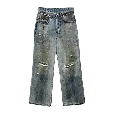 Retro Make Old Ripped Straight Casual Pants Women's High Street Slimming Jeans Light Blue - Shop at LoveMi