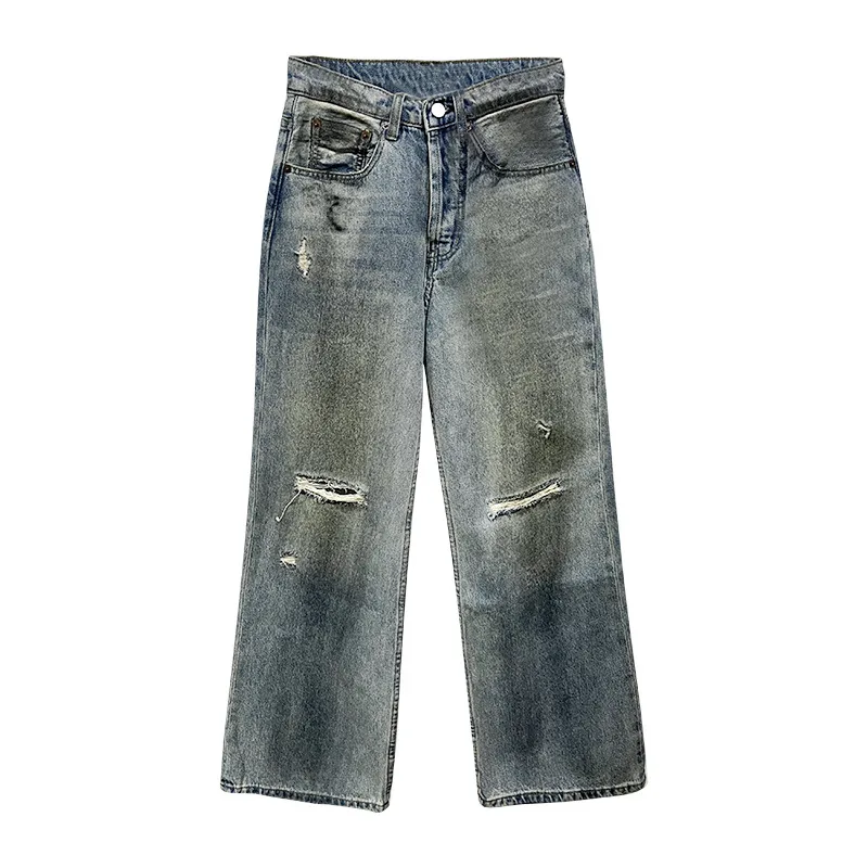 Retro Make Old Ripped Straight Casual Pants Women's High Street Slimming Jeans Light Blue - Shop at LoveMi