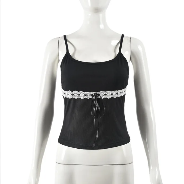 Color Contrast Patchwork Navel Lace up European And American Strap Top Black - Shop at LoveMi