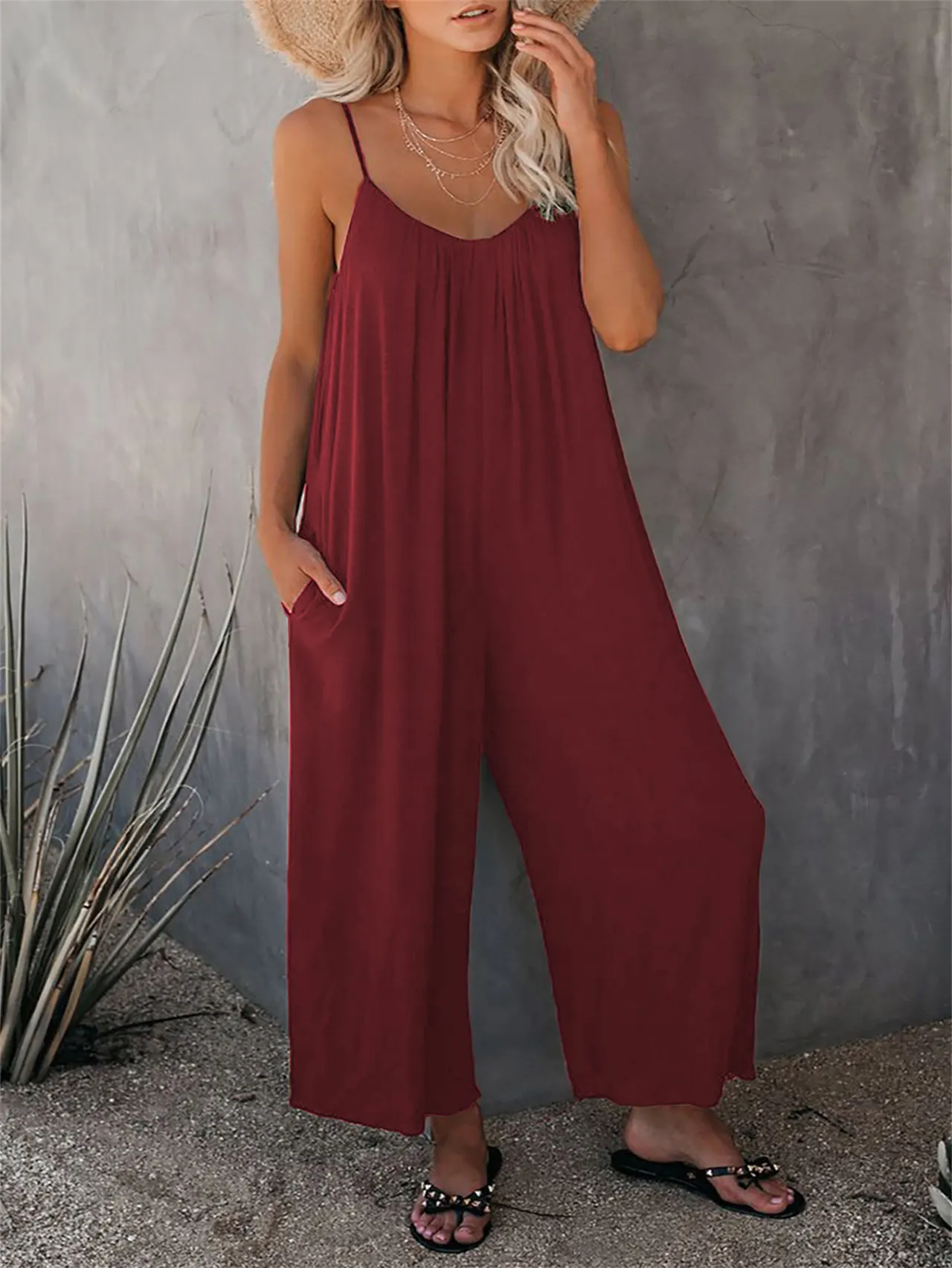 Women's Fashion Solid Color Pocket Loose Casual Sling Jumpsuit - Wine Red