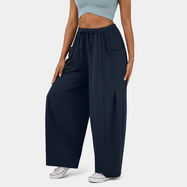 Fashionable And Stylish Elastic Waist Pleated Wide Leg Pants Dark Blue - Shop at LoveMi