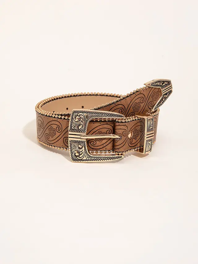 Retro Pattern PU Belt Western Style Women's Belt Brown 2 - Shop at LoveMi