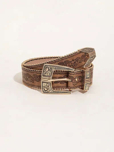 Retro Pattern PU Belt Western Style Women's Belt Brown I - Shop at LoveMi