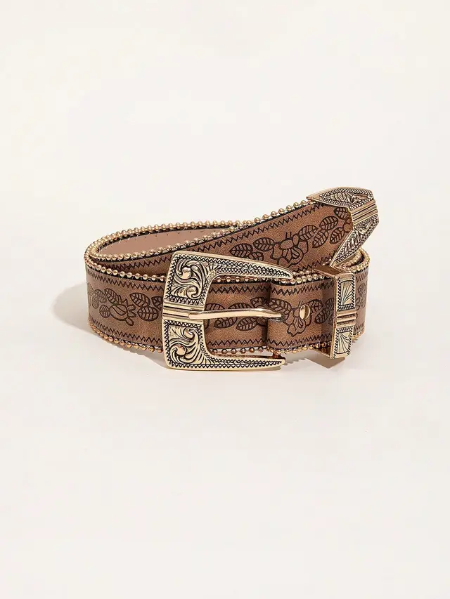 Retro Pattern PU Belt Western Style Women's Belt Brown I - Shop at LoveMi
