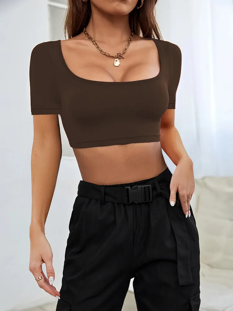 Summer Sports Casual Women's Cropped Knitted High Elastic T-shirt - Brown