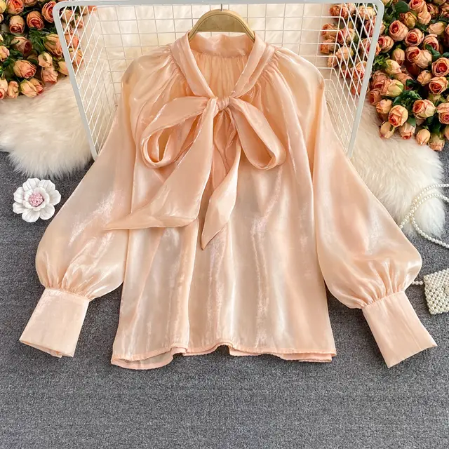 Super Fairy Loose Belly covering Bow Lace up French Plus Size Shirt Long Sleeve Elegant Top For Women Champagne - Shop at LoveMi