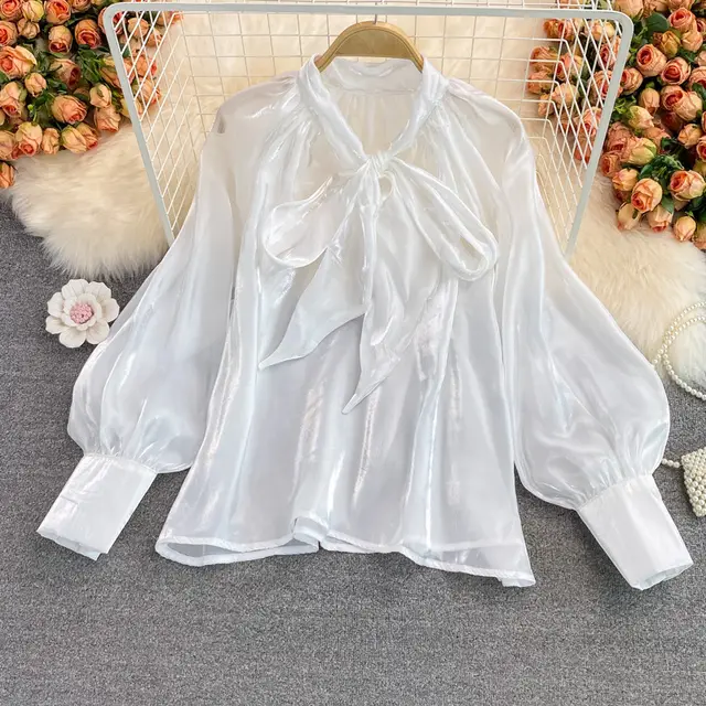 Super Fairy Loose Belly covering Bow Lace up French Plus Size Shirt Long Sleeve Elegant Top For Women White - Shop at LoveMi