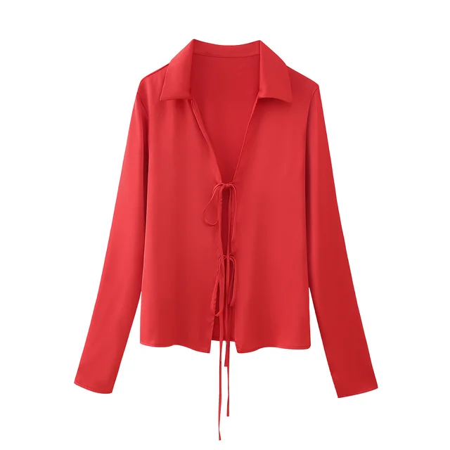 Winter New Women's Clothing Style Fashion Bowknot Silk Satin Textured Shirt Red - Shop at LoveMi