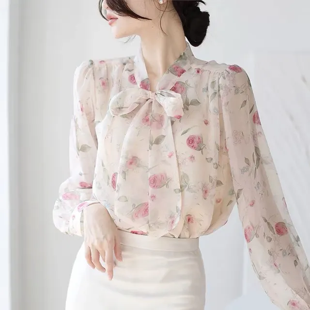 Fairy Puff Sleeve Women's SpringSummer New V neck Design Fresh Sweet Gentle Long Sleeve Shirt Pink - Shop at LoveMi