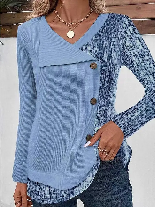 Female Threaded Pit Stripe Printed V neck Button Top Blue - Shop at LoveMi