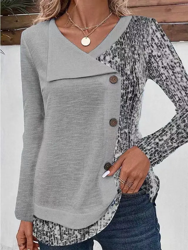 Female Threaded Pit Stripe Printed V neck Button Top Gray - Shop at LoveMi