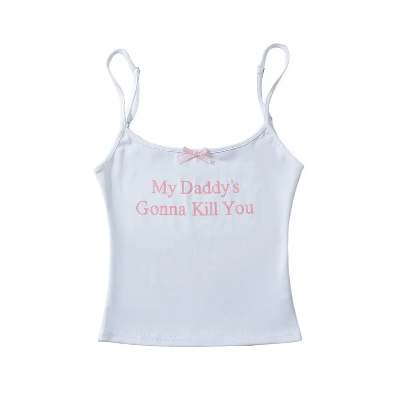 Printed Bowknot Decoration Small Sling Summer New Sweet And Spicy Slim fit Short Bottoming Vest White - Shop at LoveMi