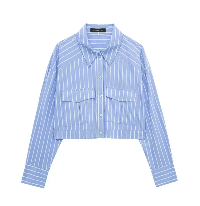 European And American Style Fashionable All match Striped Short Style Long sleeved Shirt Blue - Shop at LoveMi