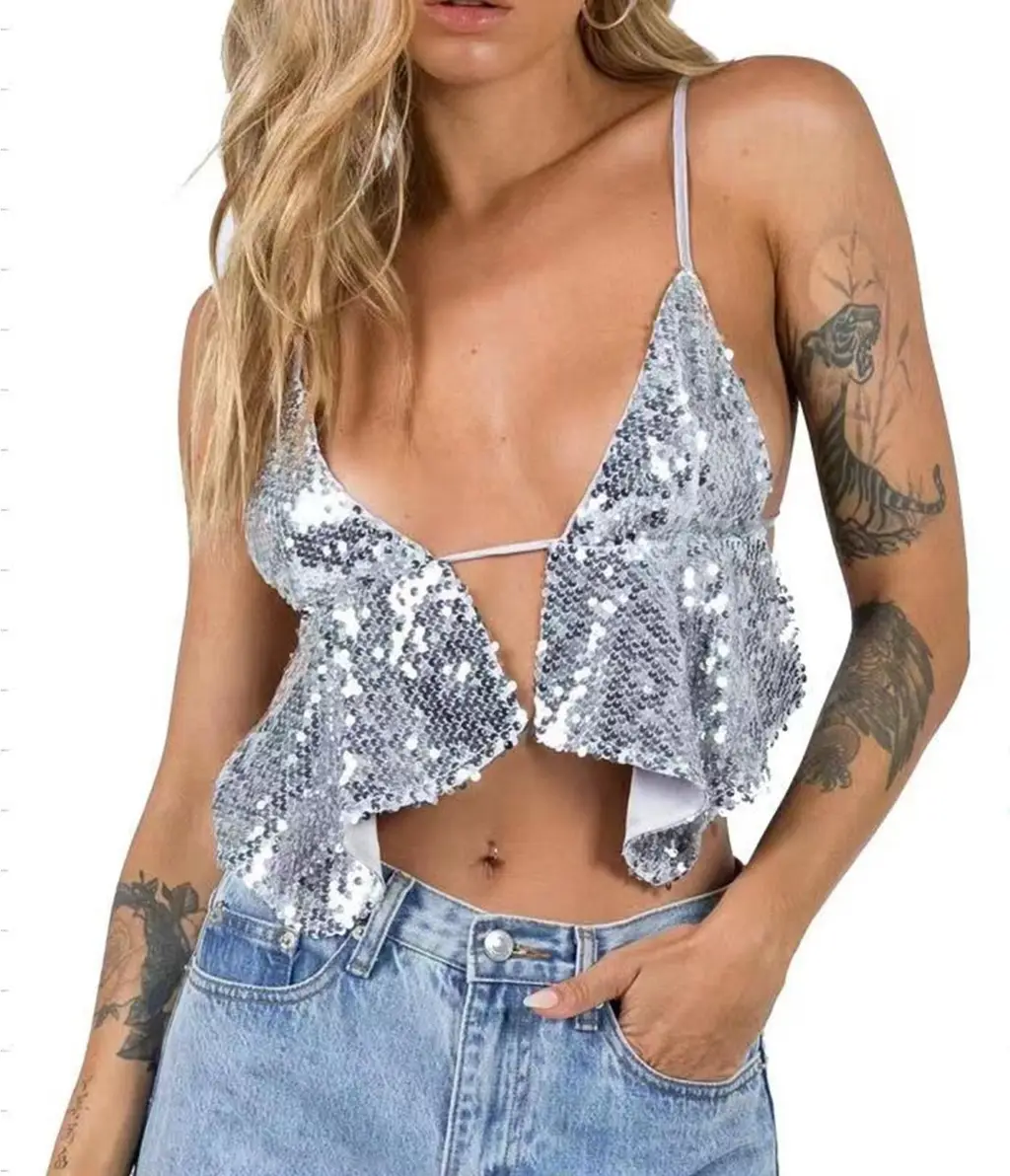 Women's V-neck Lace Up Beaded Backless Camisole Vest - Silver