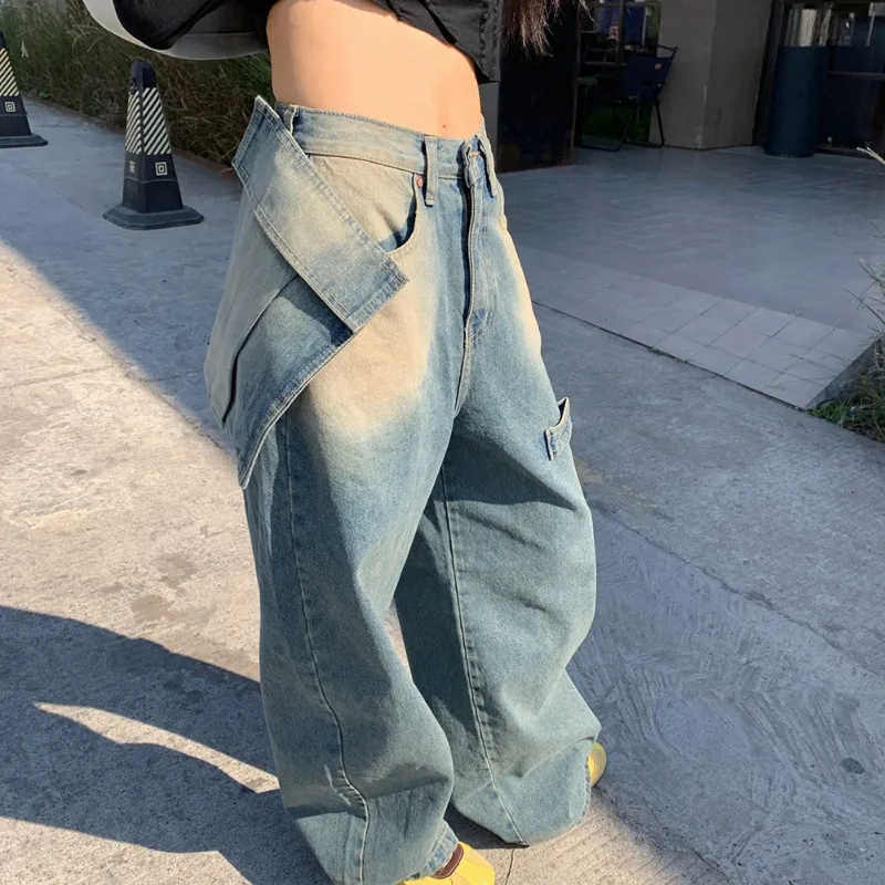 Spring Ins Versatile Retro Distressed Wide leg Pants Light Blue - Shop at LoveMi