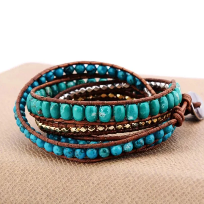 Bohemian Style Cut Angle Turquoise Bracelet Ornament Three-layer Winding Handmade Woven Leather String Bracelet - Blue