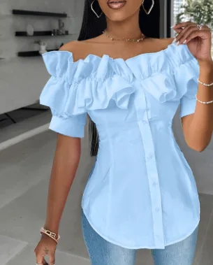 Clothing New Sweater Fashion Off shoulder Ruffled Short Sleeves Shirt Blue - Shop at LoveMi