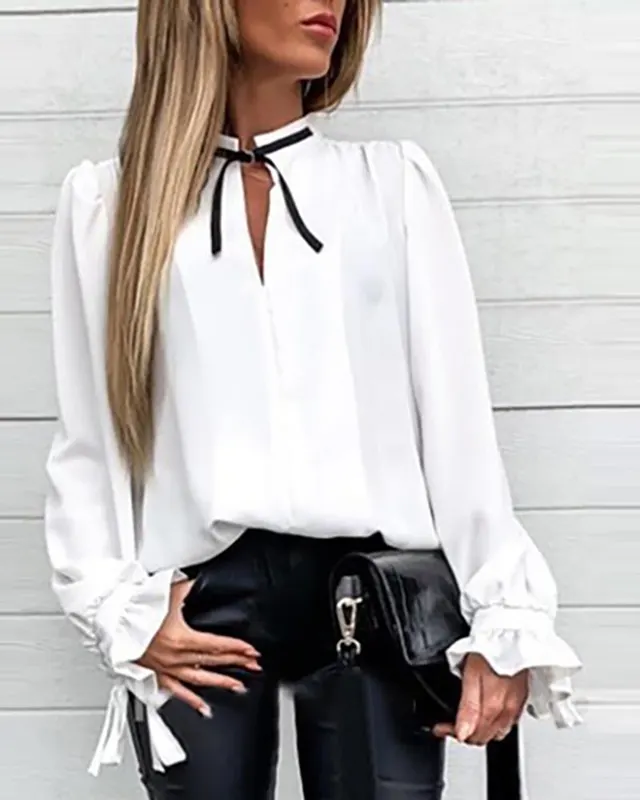 White Lace up Wooden Ear Loose Shirt White - Shop at LoveMi