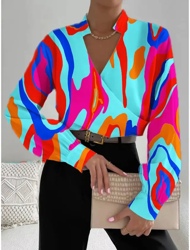 Women's Long sleeved V neck Stitching Shirt Color Stripes 2 - Shop at LoveMi