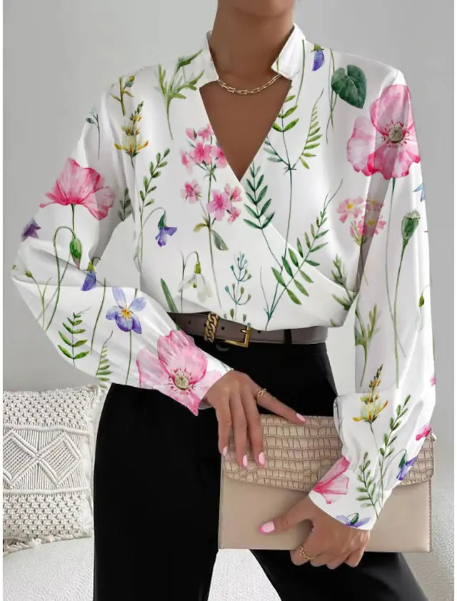 Women's Long sleeved V neck Stitching Shirt White Background Pink Flowers - Shop at LoveMi
