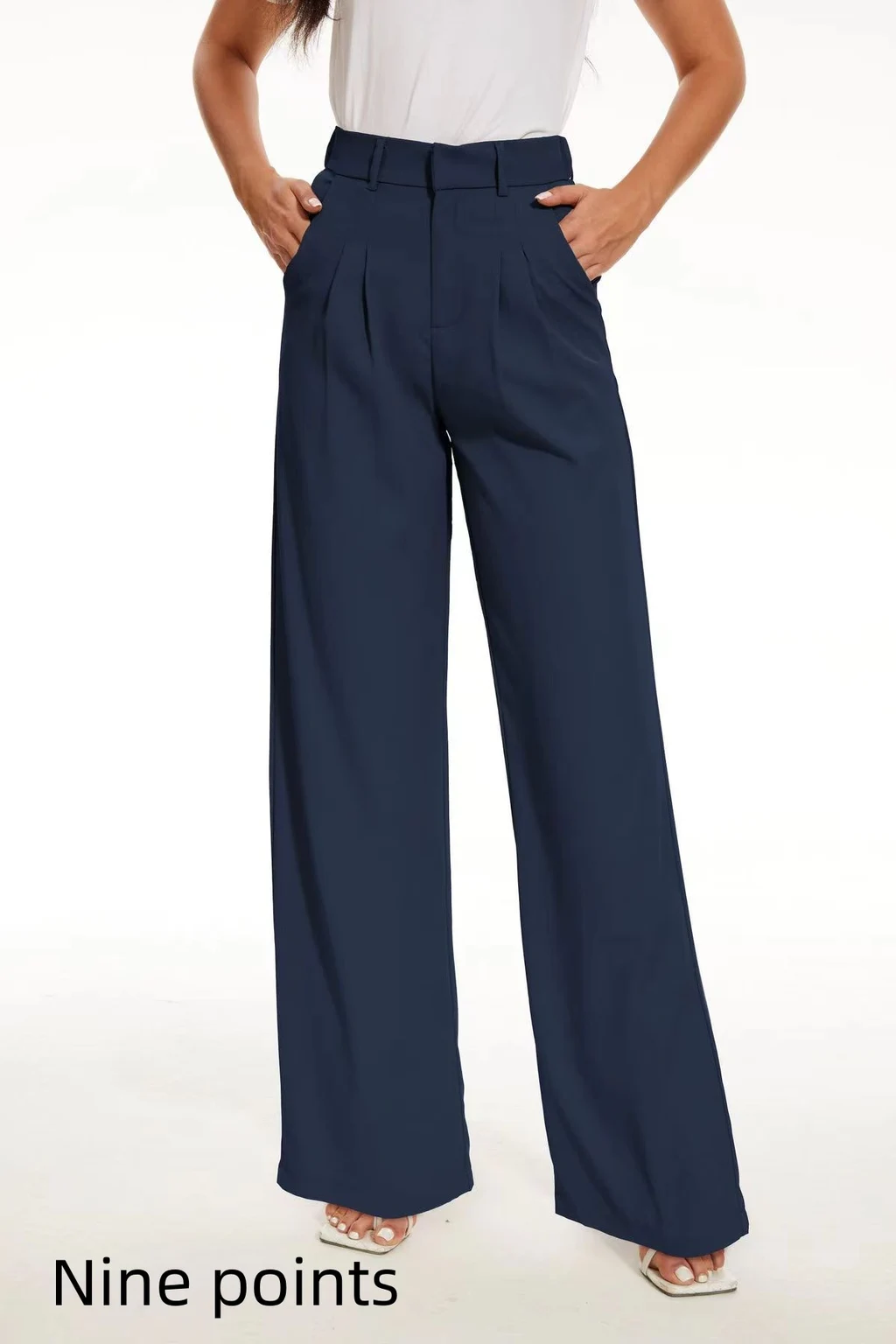 Pocket High Waist Wide Leg Casual Suit Pants - Deep Blue Cropped Pant
