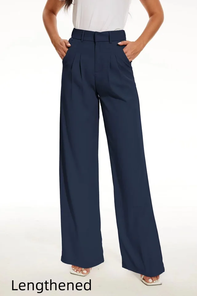 Pocket High Waist Wide Leg Casual Suit Pants Lengthened Dark Blue - Shop at LoveMi