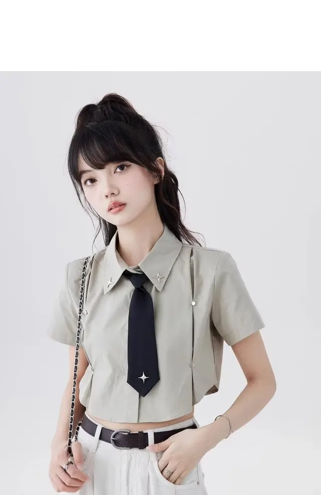 Women's Summer Star Tie Design Short sleeved Shirt Army Green - Shop at LoveMi