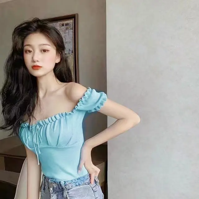 Women's Fashion Chic Collarbone Off shoulder Design Drawstring Short Sleeve Blue And Green - Shop at LoveMi