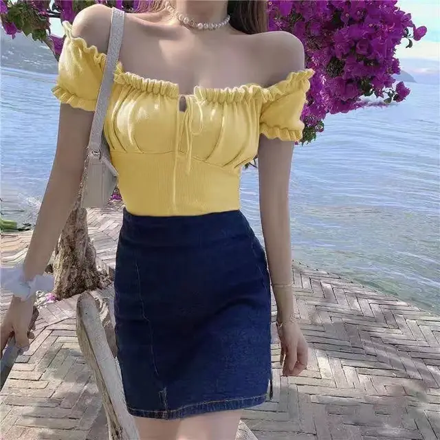 Women's Fashion Chic Collarbone Off shoulder Design Drawstring Short Sleeve Yellow - Shop at LoveMi