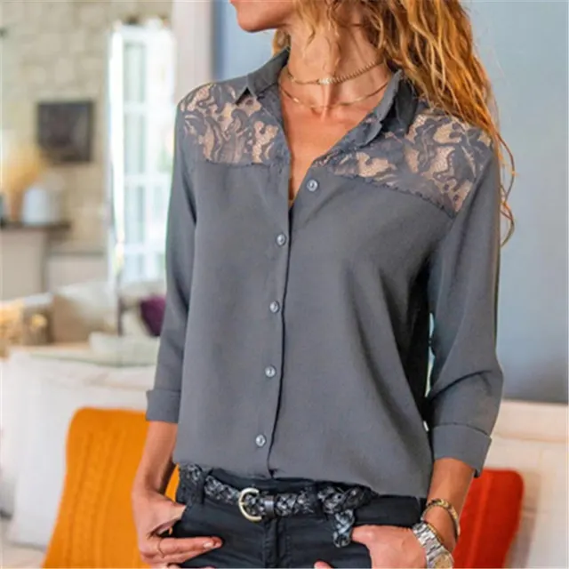 Women's Solid Color Lace Button Shirt Gray - Shop at LoveMi