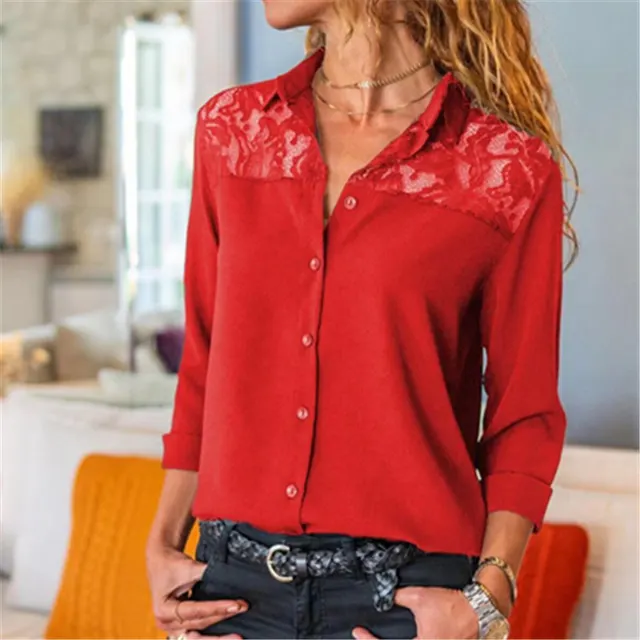 Women's Solid Color Lace Button Shirt Red - Shop at LoveMi