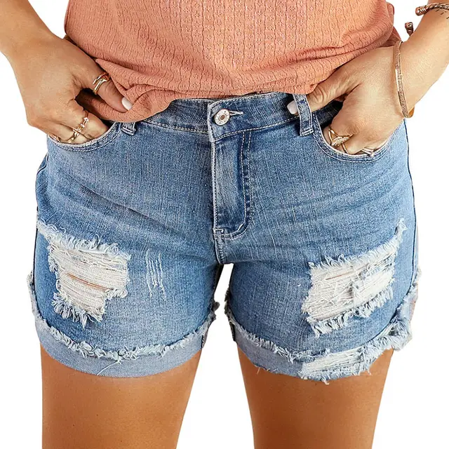 Women's Summer New Washed And Frayed Casual All matching Shorts Dark Blue - Shop at LoveMi
