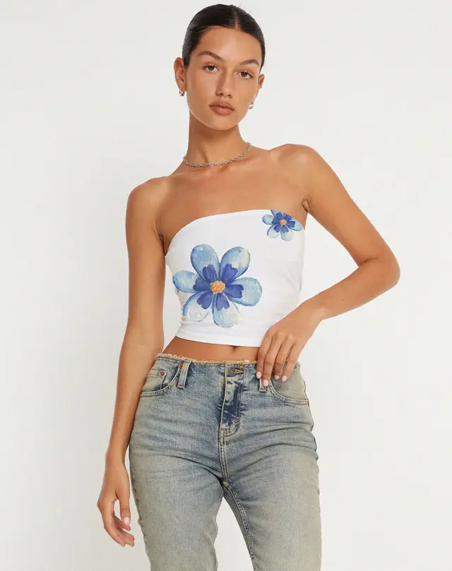 Y2g Printing Tube Top Short Vest European And American Sweet And Spicy Blue Flowers - Shop at LoveMi