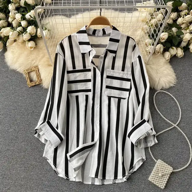Mid length Vertical Stripes Multi color Shirt Coat Casual Loose Top Black - Shop at LoveMi
