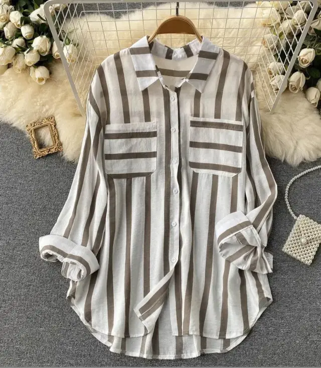 Mid length Vertical Stripes Multi color Shirt Coat Casual Loose Top Khaki - Shop at LoveMi