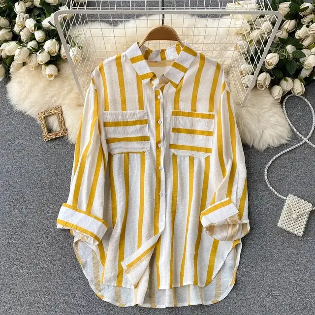 Mid length Vertical Stripes Multi color Shirt Coat Casual Loose Top Yellow - Shop at LoveMi