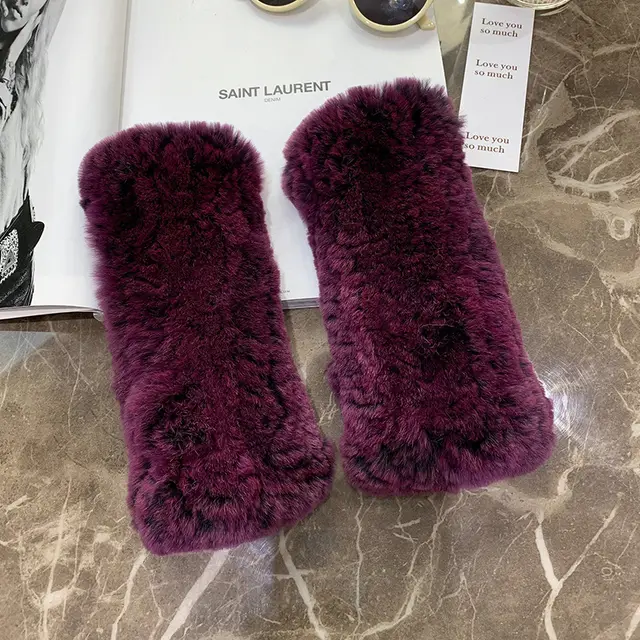 Sweet Warm And Thickened Rex Rabbit Fur Gloves Rose Purple - Shop at LoveMi