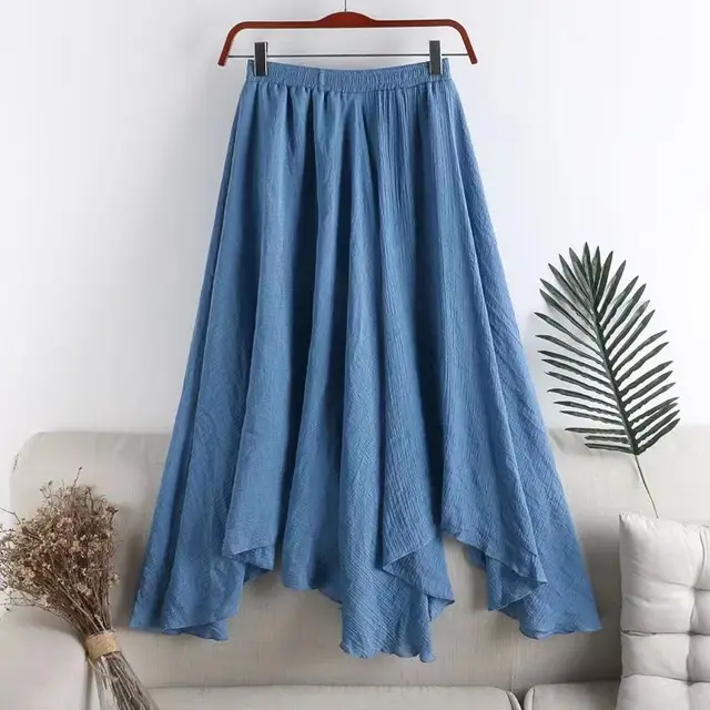Women's Mid length Solid Color Irregular Cotton And Linen Skirt Dark Blue - Shop at LoveMi
