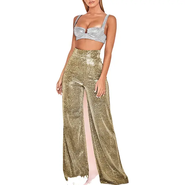 Hot Silver Wide leg High Waist Wide Leg Pants Gold - Shop at LoveMi
