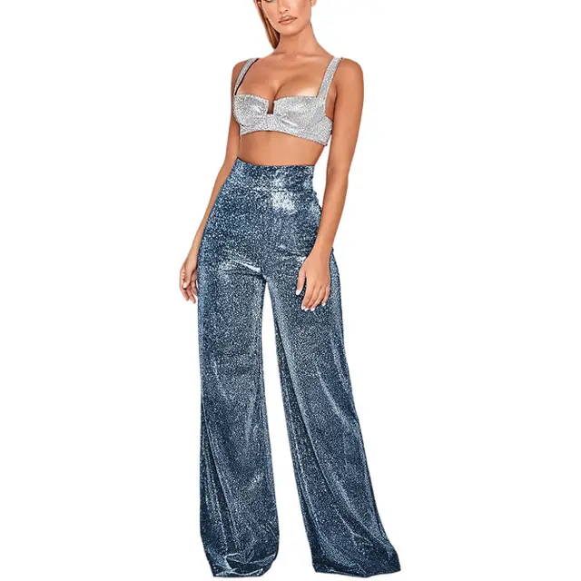 Hot Silver Wide leg High Waist Wide Leg Pants Navy Blue - Shop at LoveMi