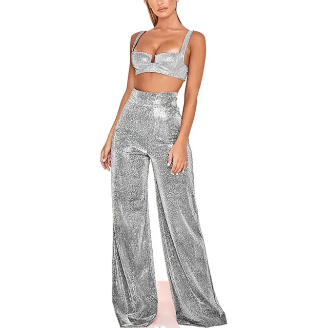 Hot Silver Wide leg High Waist Wide Leg Pants Silver - Shop at LoveMi