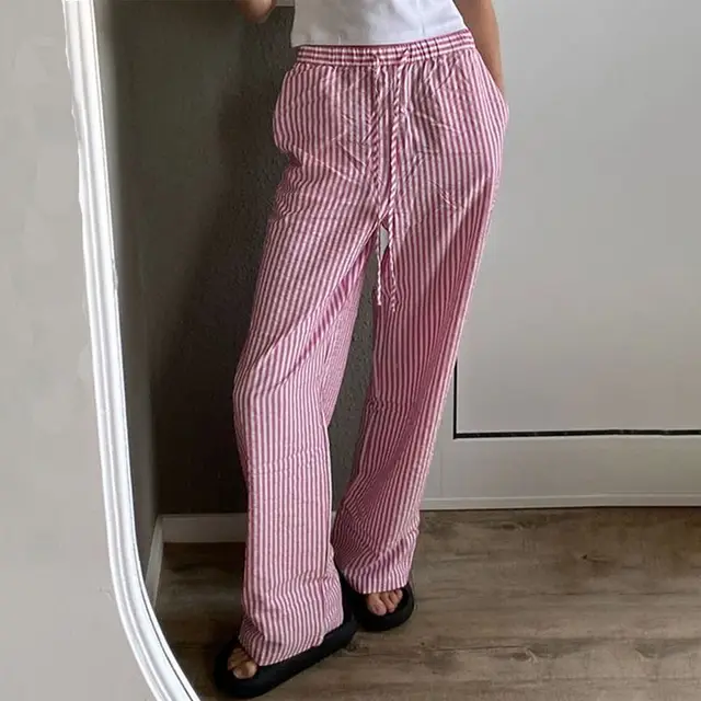 Striped Printed Elastic Waist Drawstring Pocket Straight Casual Trousers Pink - Shop at LoveMi